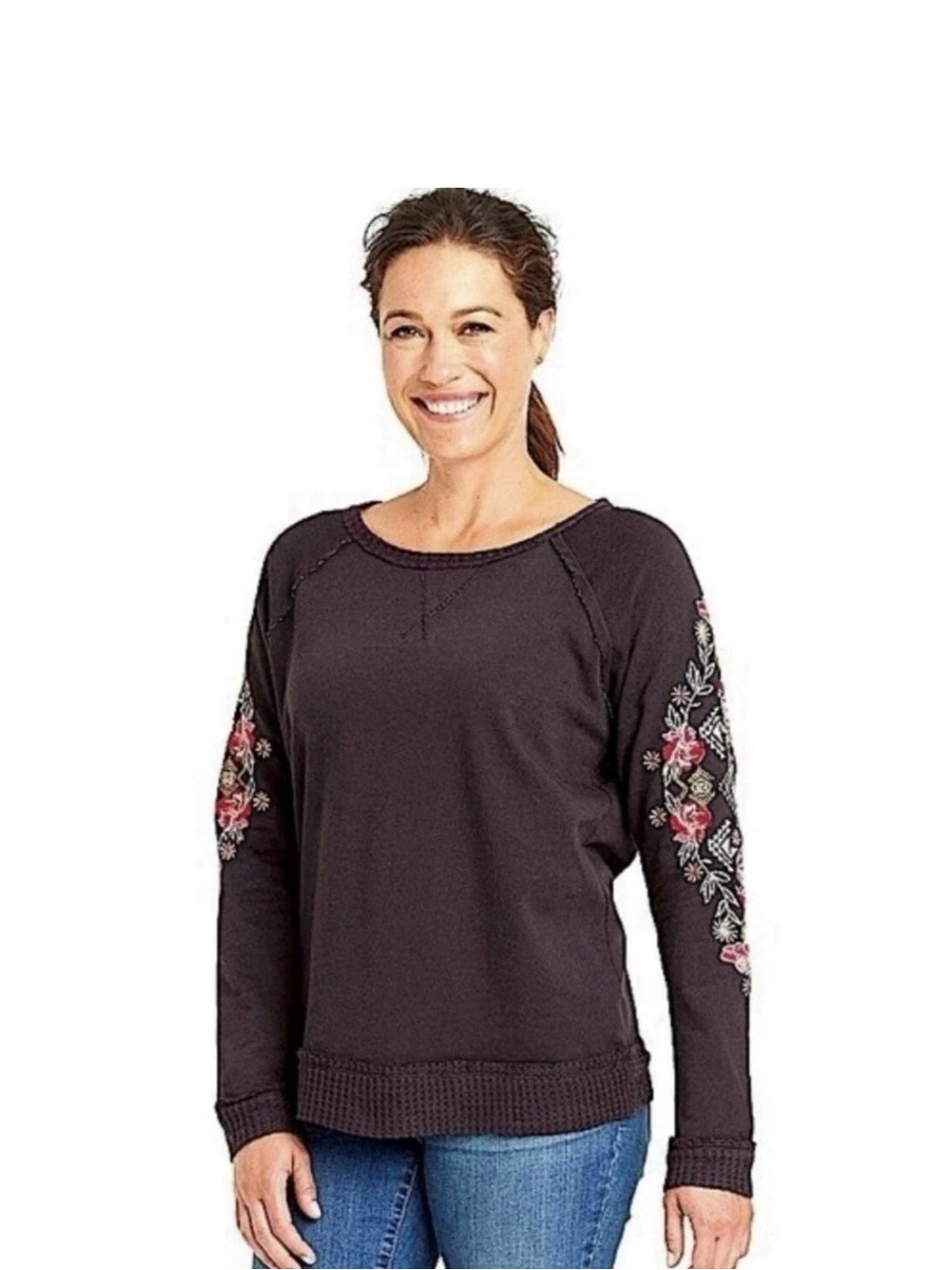 Knox Rose Long Sleeve Charcoal Embroidered Sweatshirt Size XL
